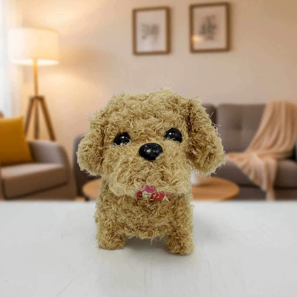 Interactive plush robot dog toy featuring realistic movement and sound, designed as a soft cuddly companion for kids, perfect for imaginative play and nurturing. 0