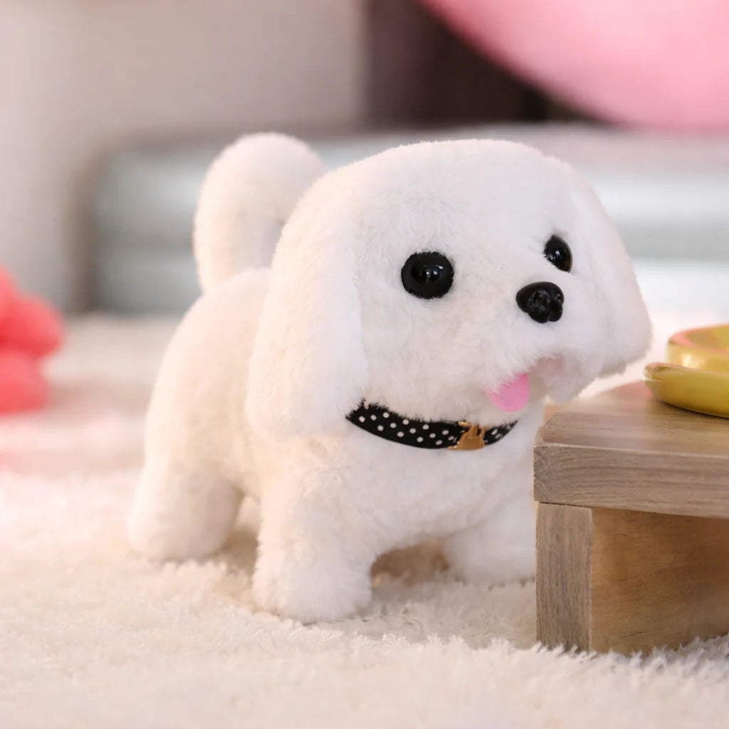 Interactive plush robot dog toy featuring realistic movements and sounds, designed as a soft, portable companion for kids, encouraging imaginative play and nurturing skills. 0