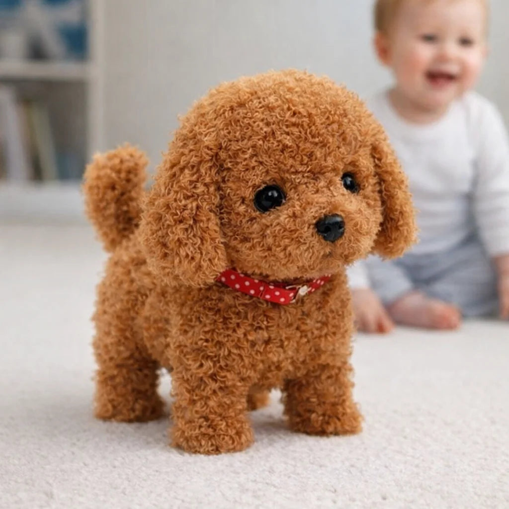 Interactive plush robot dog toy featuring realistic movements and sounds, designed as a soft, portable companion for kids, encouraging imaginative play and nurturing skills. 2