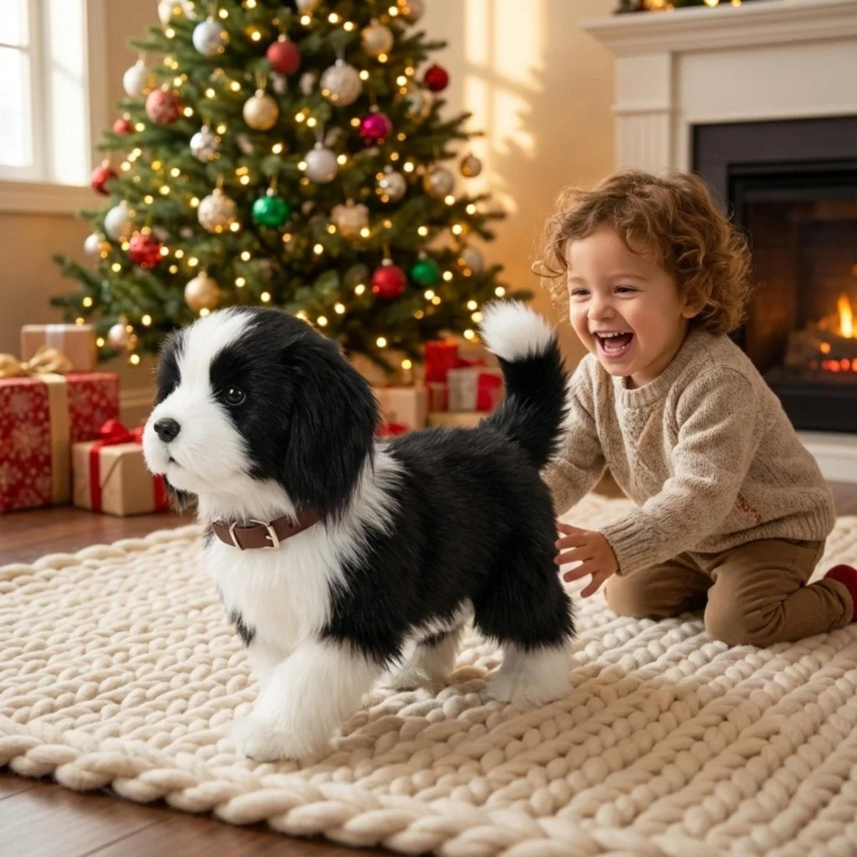 Interactive robot dog toy featuring realistic barking and walking functions, designed as a soft plush companion for kids. 0
