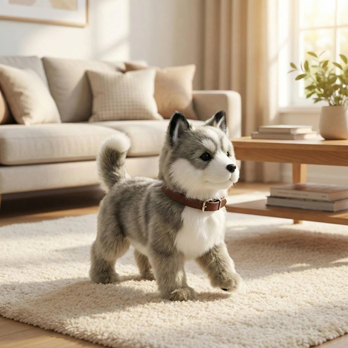 Interactive robot dog toy featuring realistic barking and walking functions, designed as a soft plush companion for kids. 10