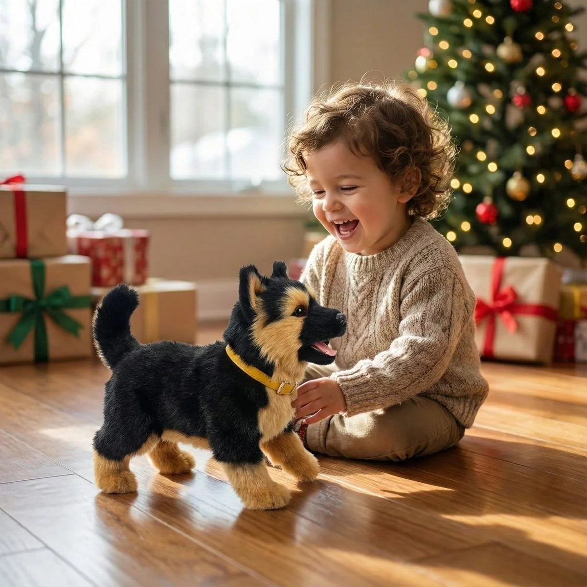 Interactive robot dog toy featuring realistic barking and walking functions, designed as a soft plush companion for kids. 12
