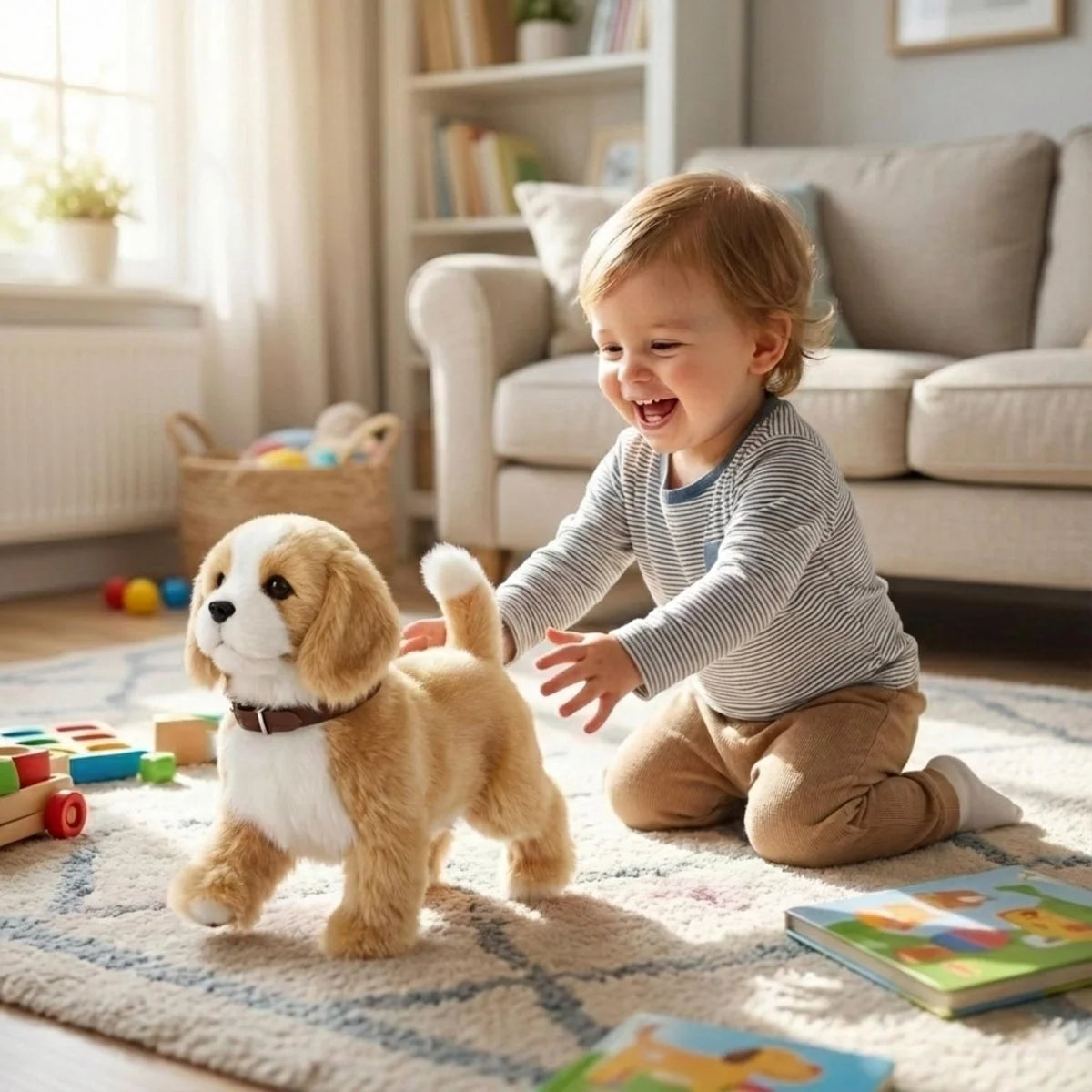 Interactive robot dog toy featuring realistic barking and walking functions, designed as a soft plush companion for kids. 16