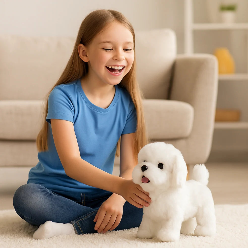 Interactive robot dog toy featuring realistic walking and barking functions, designed as a soft plush puppy for kids, perfect for imaginative play and companionship. 1
