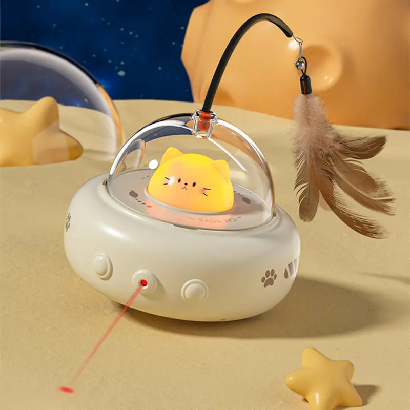 Interactive UFO Cat Laser Toy with Feather Attachment and Random Beam Movement 3