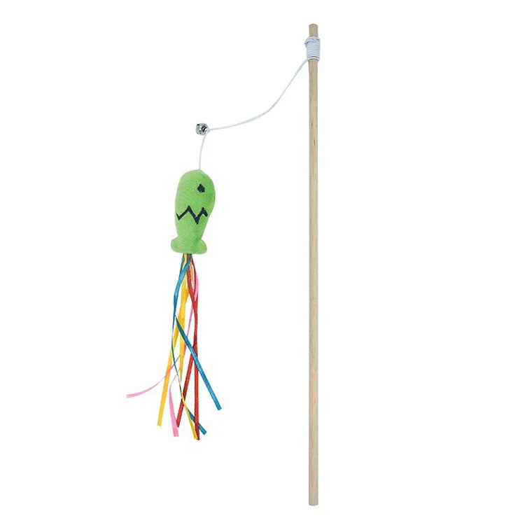 Interactive Wooden Cat Toy Rod – Engages Indoor Cats, Stimulates Hunting Instincts, Durable Natural Material, Soft Fabrics and Feathers 10