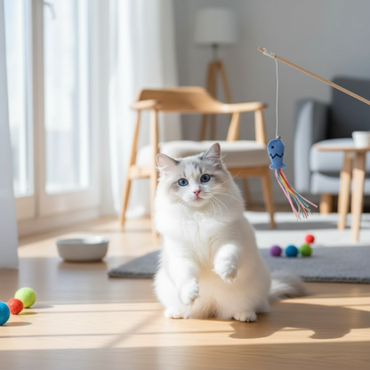 Interactive Wooden Cat Toy Rod – Engages Indoor Cats, Stimulates Hunting Instincts, Durable Natural Material, Soft Fabrics and Feathers 2