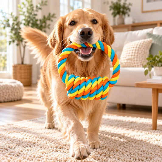 Knotted Rope Dog Toy for Aggressive Chewers featuring a durable woven design, perfect for interactive tug and chew play. 0