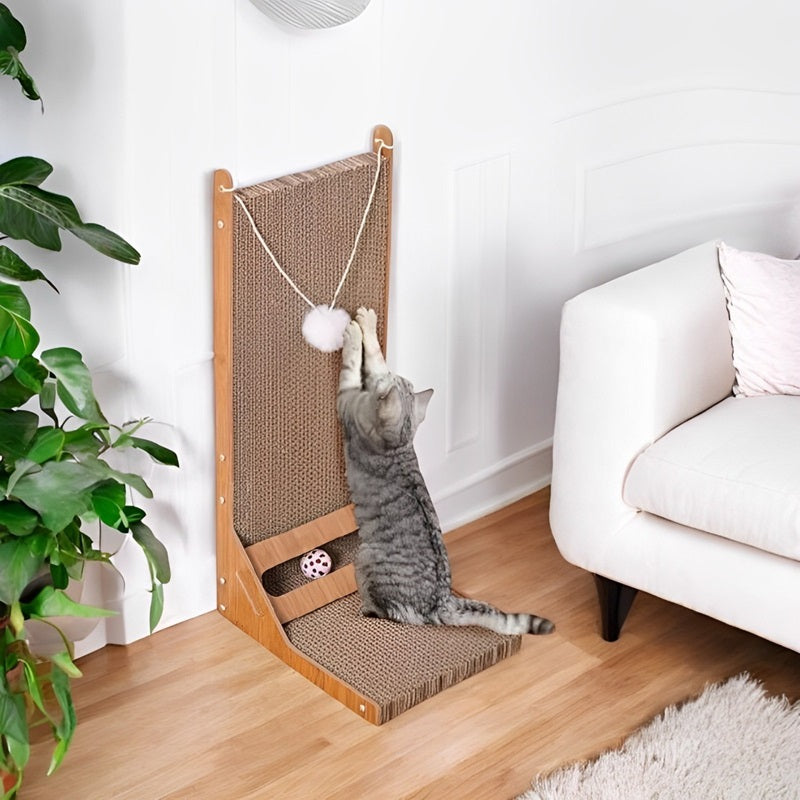 L-Shaped Cat Scratcher with Toy Ball – Durable Cardboard Scratching Post for Cats, Space-Saving Design, Multi-Angle Play 0