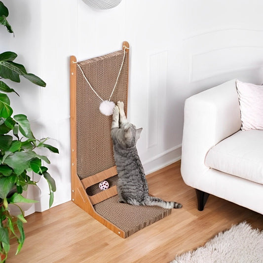 L-Shaped Cat Scratcher with Toy Ball – Durable Cardboard Scratching Post for Cats, Space-Saving Design, Multi-Angle Play 0