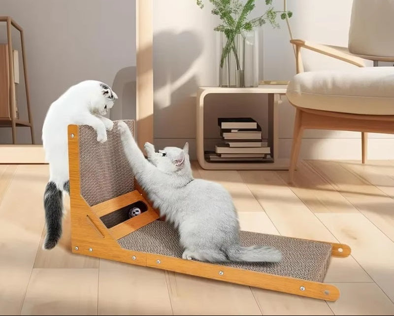 L-Shaped Cat Scratcher with Toy Ball – Durable Cardboard Scratching Post for Cats, Space-Saving Design, Multi-Angle Play 1