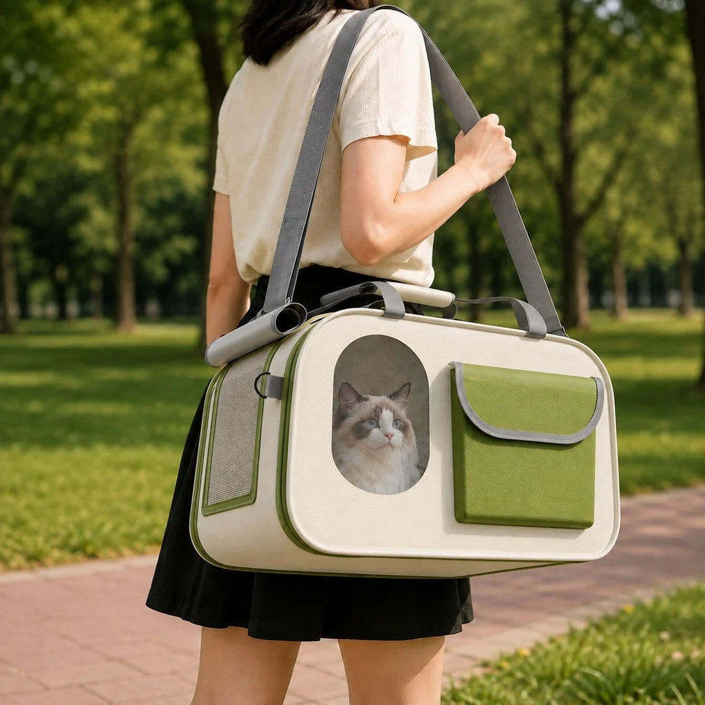 Large breathable cat carrier featuring multi-side ventilation and structured support, designed for comfort and safety, airline approved for pet travel with cats and small dogs. 0