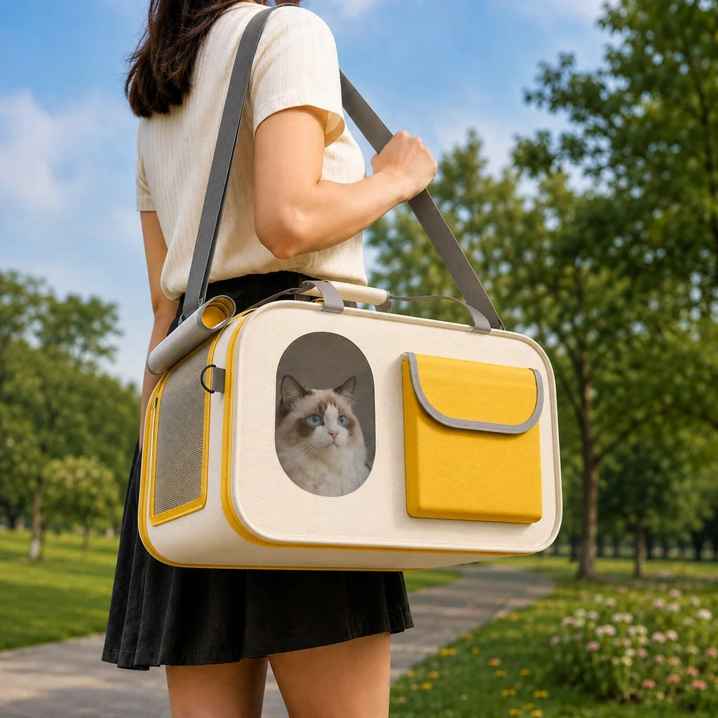 Large breathable cat carrier featuring multi-side ventilation and structured support, designed for comfort and safety, airline approved for pet travel with cats and small dogs. 1