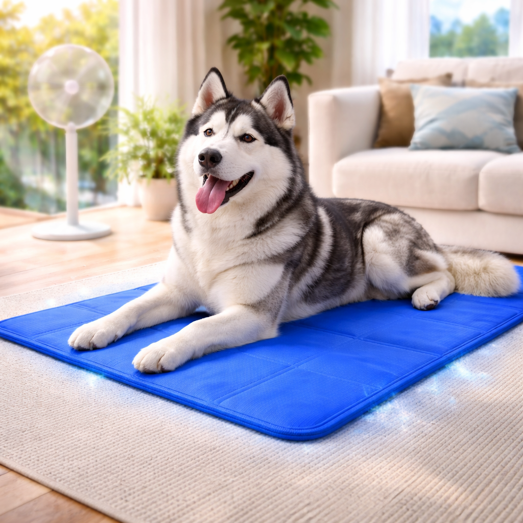 Large Dog Cooling Mat featuring pressure-activated gel, designed for summer relief, portable and scratch-resistant for comfortable use. 5