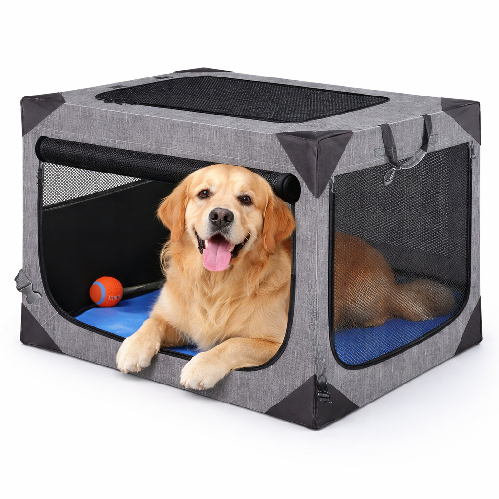 Large dog crate for travel featuring chew-proof fabric, mesh ventilation, and a collapsible, portable design suitable for dogs on the go. 0