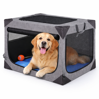 Large dog crate for travel featuring chew-proof fabric, mesh ventilation, and a collapsible, portable design suitable for dogs on the go. 0