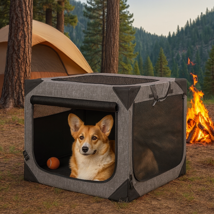 Large dog crate for travel featuring chew-proof fabric, mesh ventilation, and a collapsible, portable design suitable for dogs on the go. 1