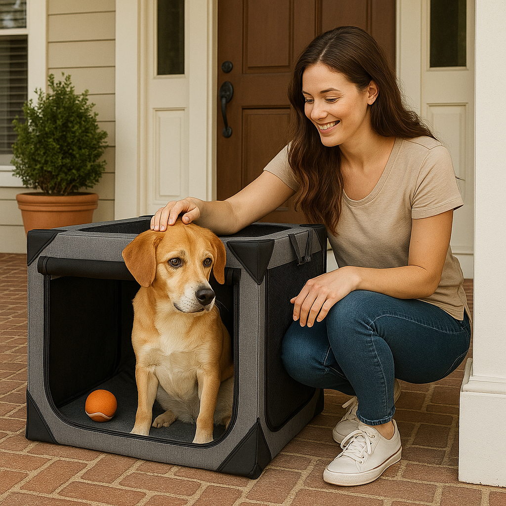 Large dog crate for travel featuring chew-proof fabric, mesh ventilation, and a collapsible, portable design suitable for dogs on the go. 2
