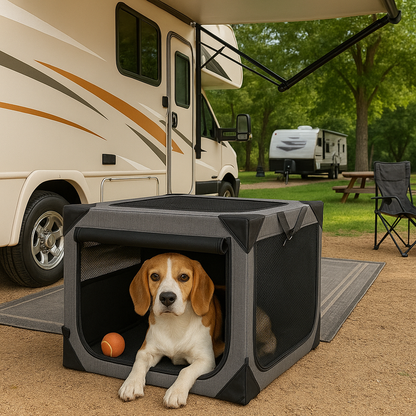 Large dog crate for travel featuring chew-proof fabric, mesh ventilation, and a collapsible, portable design suitable for dogs on the go. 3