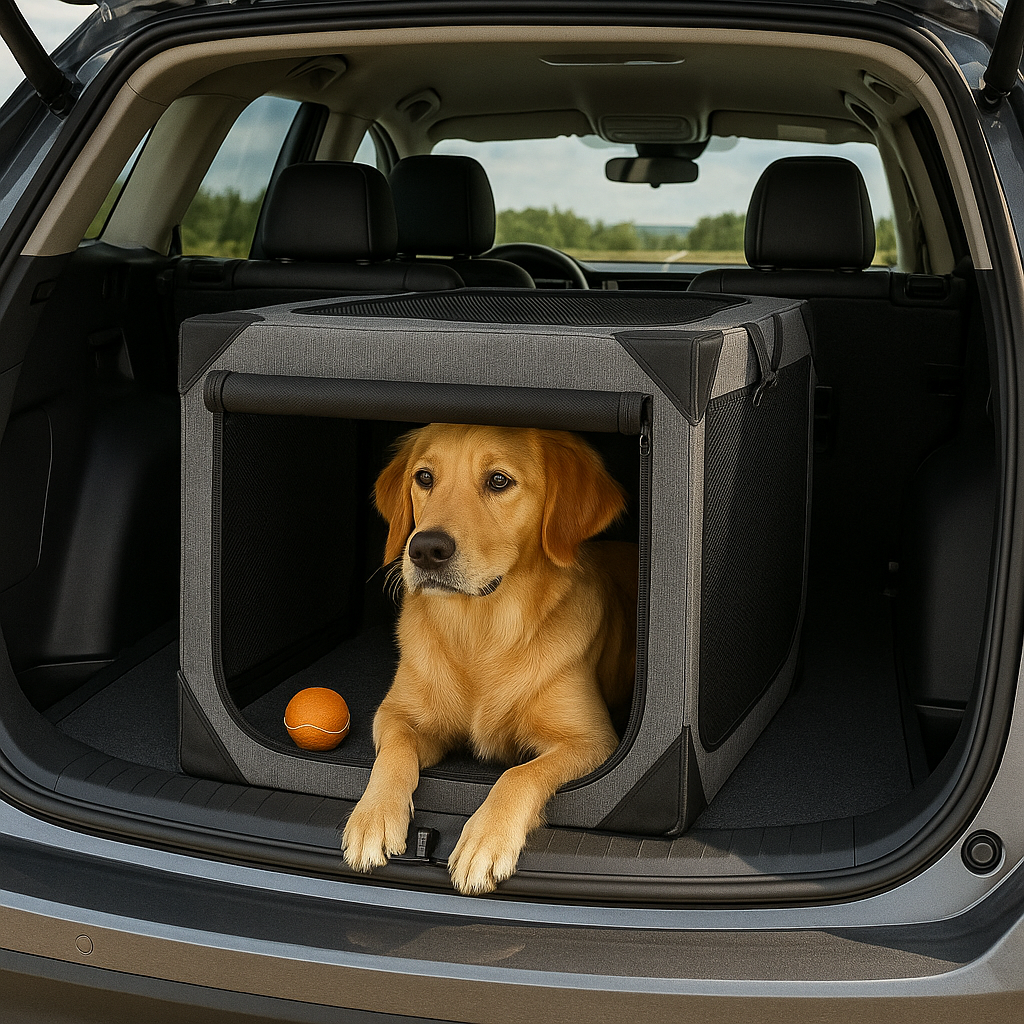 Large dog crate for travel featuring chew-proof fabric, mesh ventilation, and a collapsible, portable design suitable for dogs on the go. 4