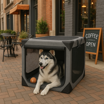 Large dog crate for travel featuring chew-proof fabric, mesh ventilation, and a collapsible, portable design suitable for dogs on the go. 5