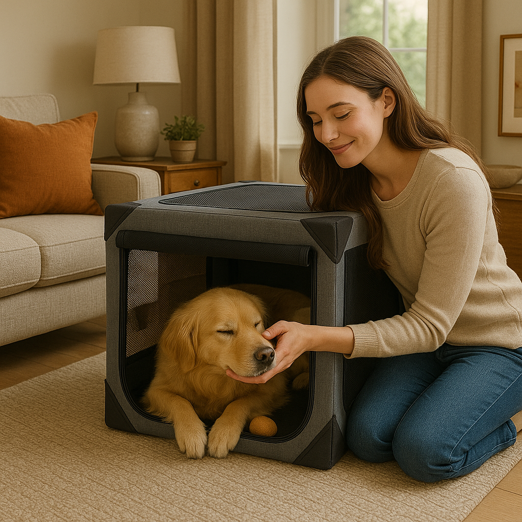 Large dog crate for travel featuring chew-proof fabric, mesh ventilation, and a collapsible, portable design suitable for dogs on the go. 6
