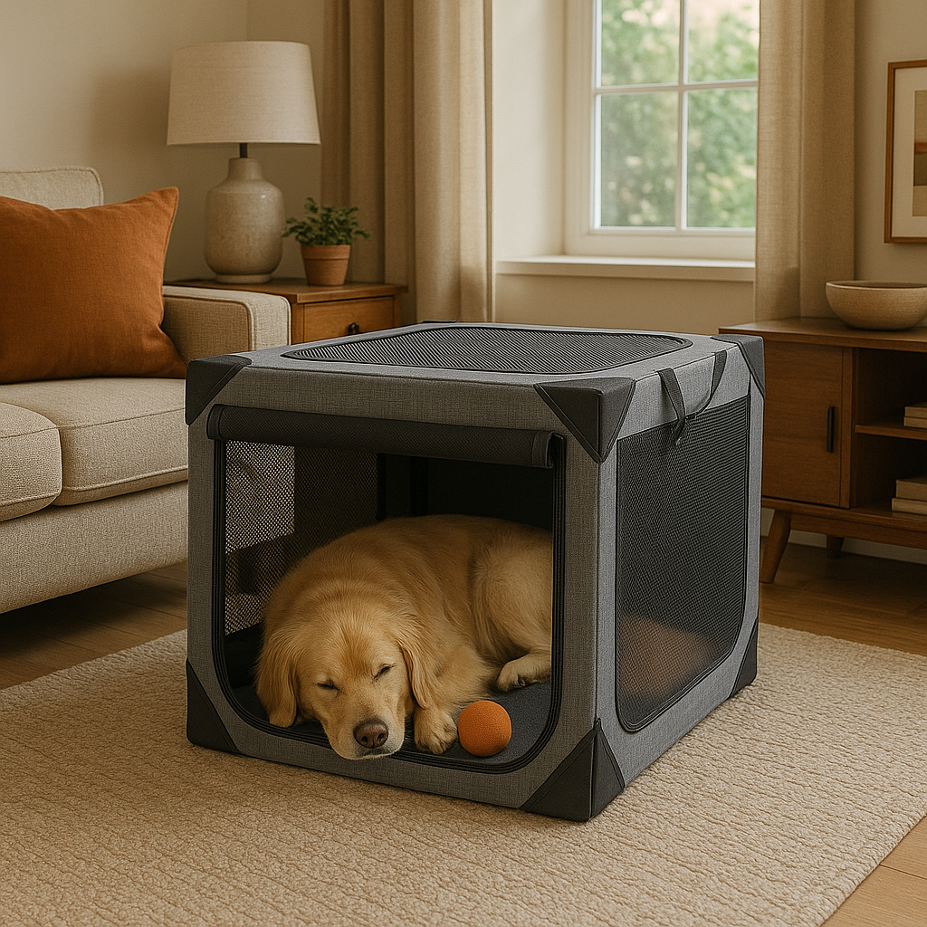 Large dog crate for travel featuring chew-proof fabric, mesh ventilation, and a collapsible, portable design suitable for dogs on the go. 7