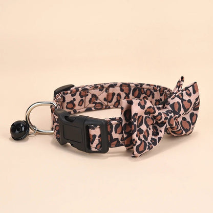 Leopard Print Dog Collar with Removable Bow – Adjustable Twill Fabric for Small Pets, Lightweight Design with Black Bell 0