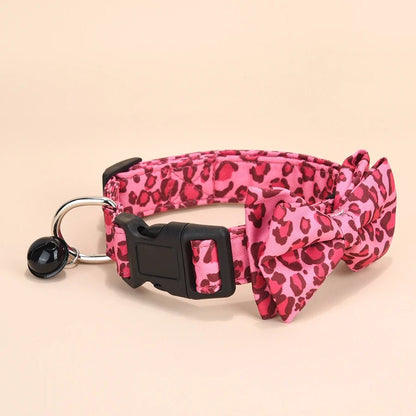 Leopard Print Dog Collar with Removable Bow – Adjustable Twill Fabric for Small Pets, Lightweight Design with Black Bell 4