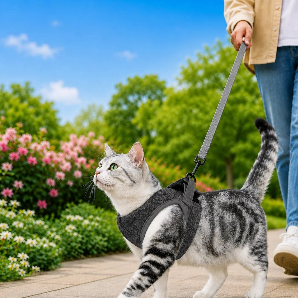 Lightweight cat harness and leash set featuring an adjustable vest design, made for breathable padded comfort during outdoor travel and walking. 0