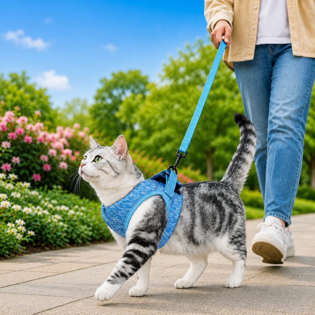 Lightweight cat harness and leash set featuring an adjustable vest design, made for breathable padded comfort during outdoor travel and walking. 1