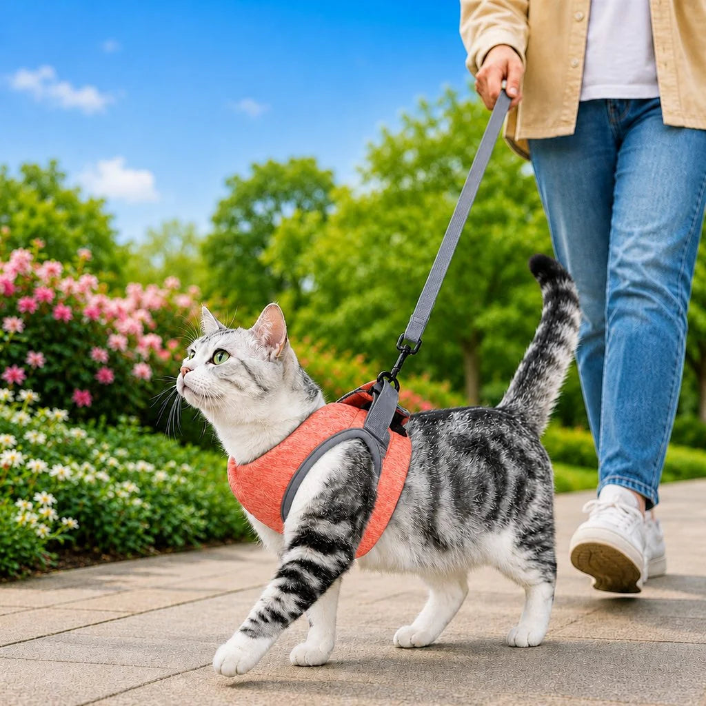 Lightweight cat harness and leash set featuring an adjustable vest design, made for breathable padded comfort during outdoor travel and walking. 10