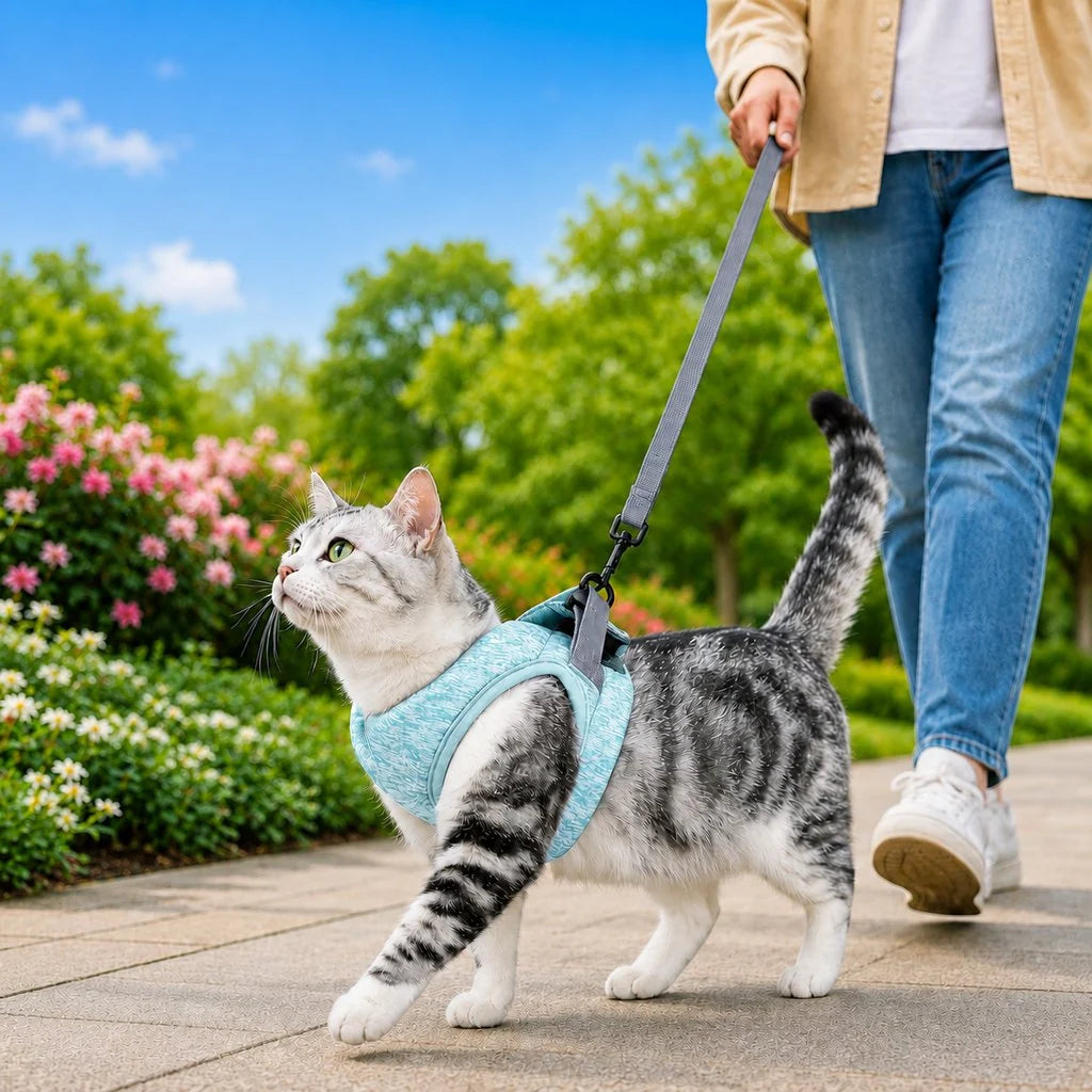 Lightweight cat harness and leash set featuring an adjustable vest design, made for breathable padded comfort during outdoor travel and walking. 12