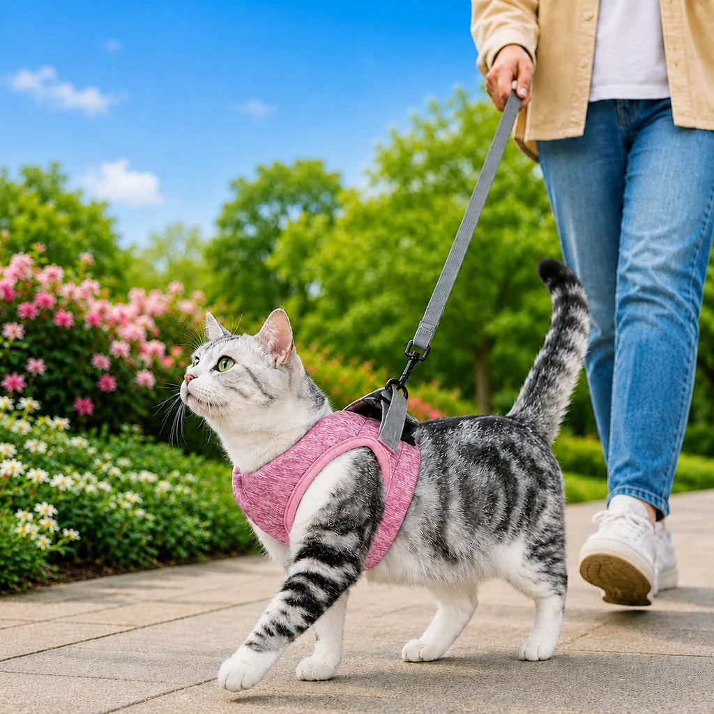 Lightweight cat harness and leash set featuring an adjustable vest design, made for breathable padded comfort during outdoor travel and walking. 9