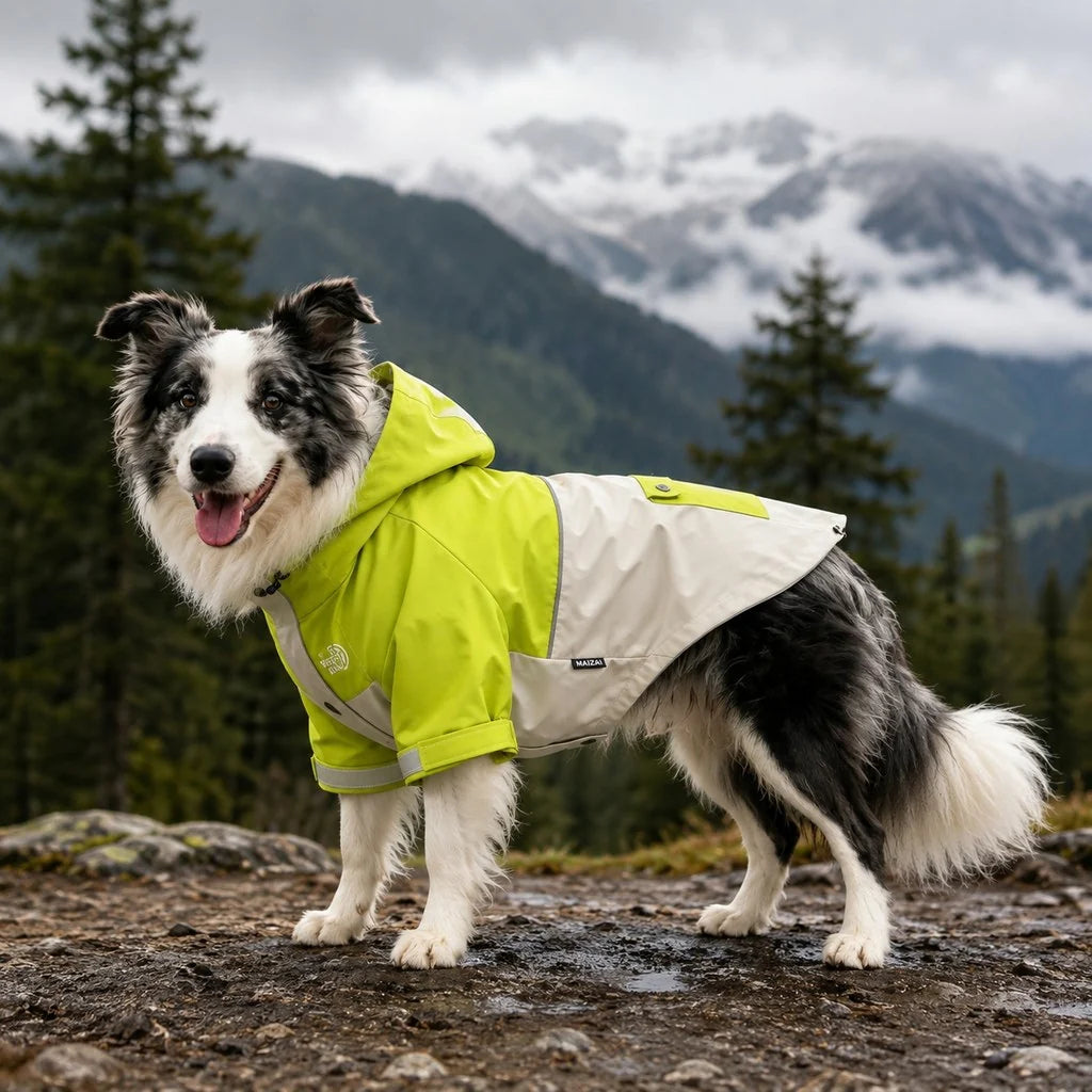 Lightweight dog jacket featuring a water-resistant shell and reflective trim, designed for rainy weather, with an adjustable fit and available in multiple sizes. 0