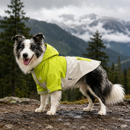 Lightweight dog jacket featuring a water-resistant shell and reflective trim, designed for rainy weather, with an adjustable fit and available in multiple sizes. 0
