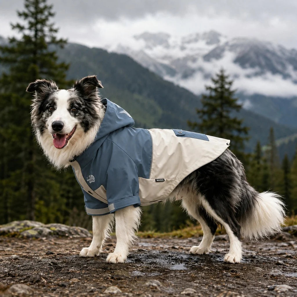 Lightweight dog jacket featuring a water-resistant shell and reflective trim, designed for rainy weather, with an adjustable fit and available in multiple sizes. 9
