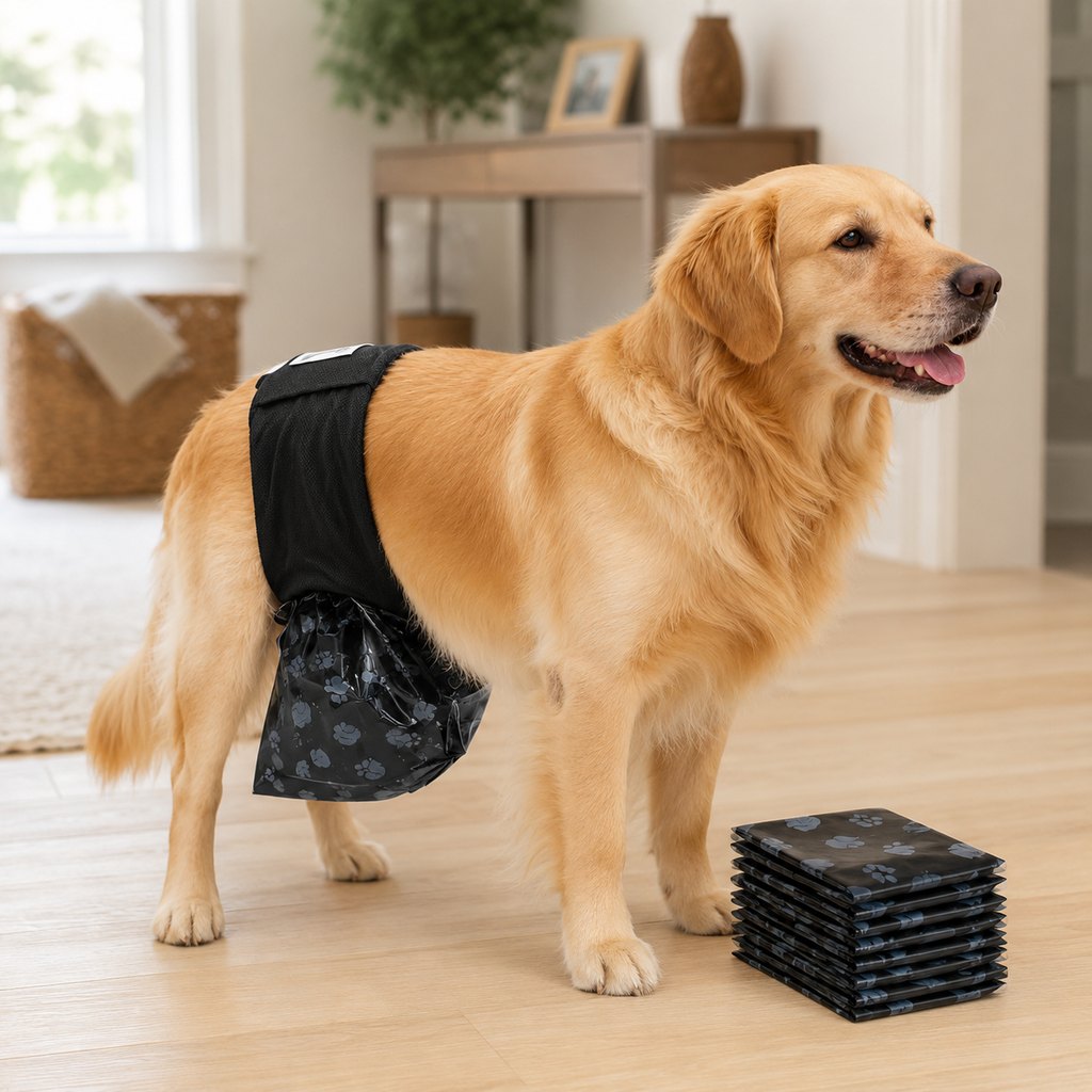Male dog diapers featuring a replaceable bag system, designed for indoor marking, in a reusable black wrap with an open-leg design, available in five sizes 0