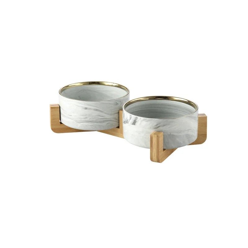 Marble Ceramic Pet Food Bowl with Wooden Stand – Elevated Double Bowl for Cats and Small Dogs 10