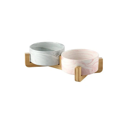 Marble Ceramic Pet Food Bowl with Wooden Stand – Elevated Double Bowl for Cats and Small Dogs 12