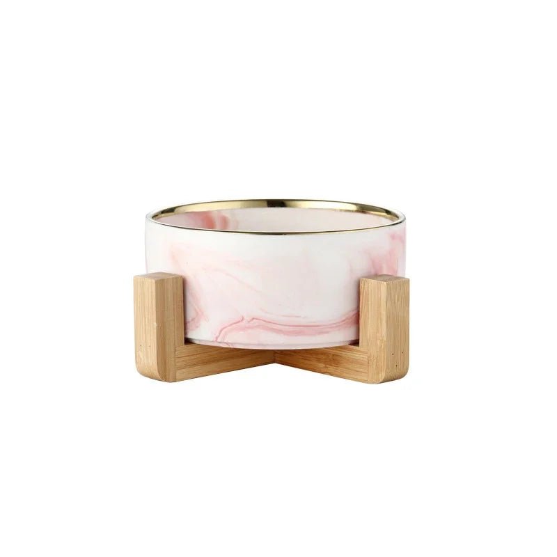 Marble Ceramic Pet Food Bowl with Wooden Stand – Elevated Double Bowl for Cats and Small Dogs 13