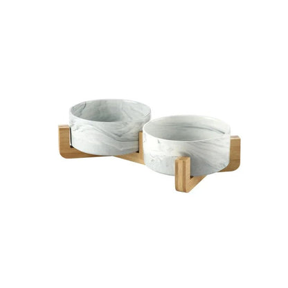 Marble Ceramic Pet Food Bowl with Wooden Stand – Elevated Double Bowl for Cats and Small Dogs 15