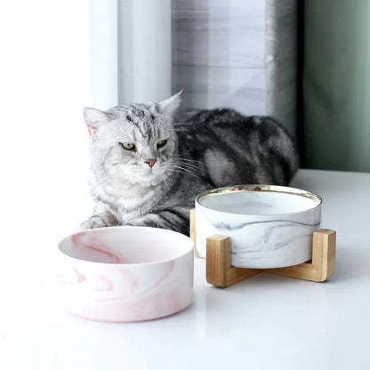 Marble Ceramic Pet Food Bowl with Wooden Stand – Elevated Double Bowl for Cats and Small Dogs 3