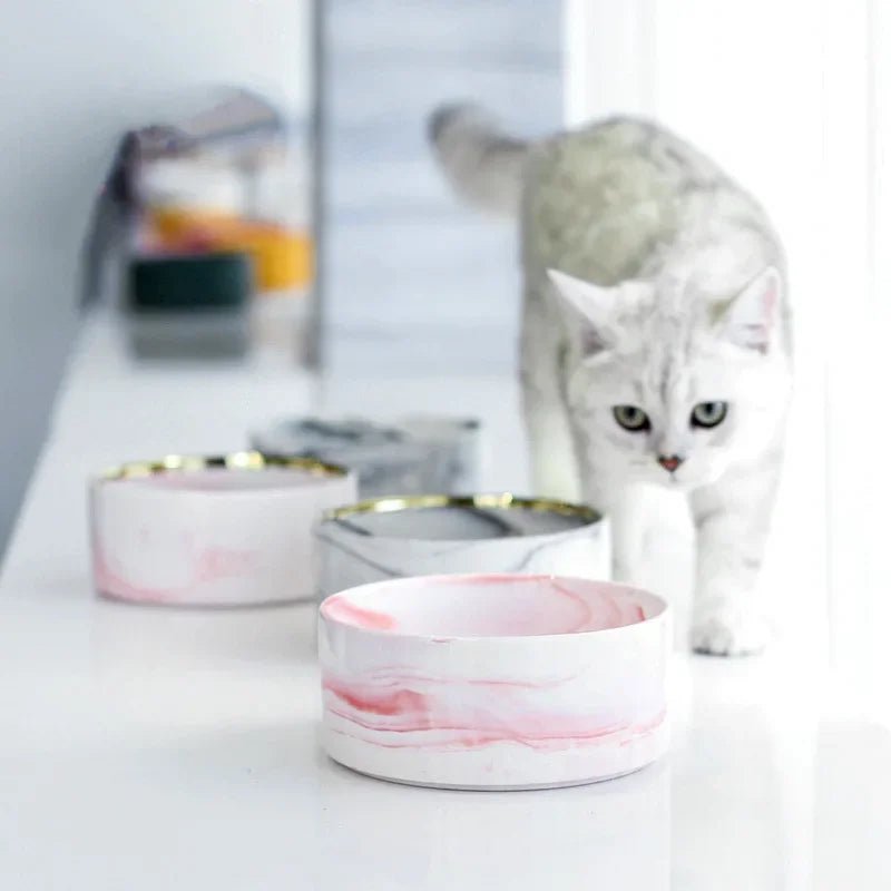 Marble Ceramic Pet Food Bowl with Wooden Stand – Elevated Double Bowl for Cats and Small Dogs 4