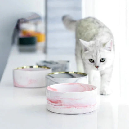 Marble Ceramic Pet Food Bowl with Wooden Stand – Elevated Double Bowl for Cats and Small Dogs 4
