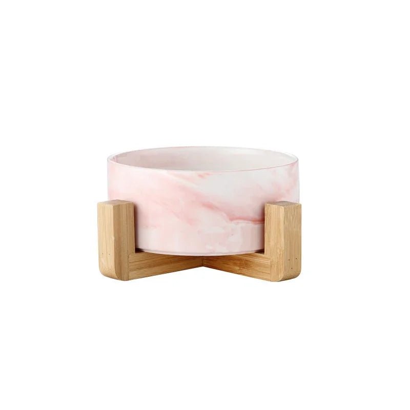 Marble Ceramic Pet Food Bowl with Wooden Stand – Elevated Double Bowl for Cats and Small Dogs 7