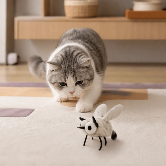 Motion-activated cat toy featuring a realistic flying insect design, made with soft pet-friendly fabric for interactive play. 0