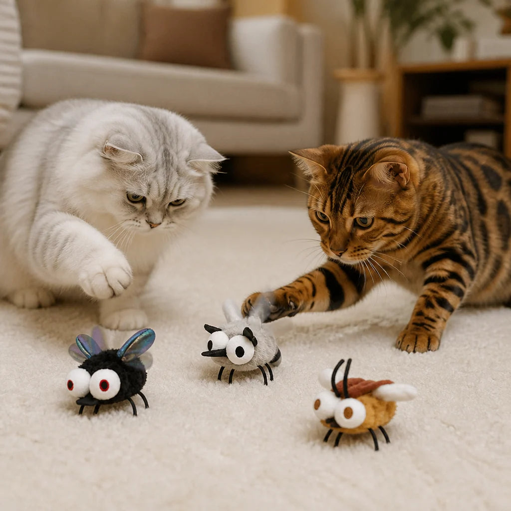 Motion-activated cat toy featuring a realistic flying insect design, made with soft pet-friendly fabric for interactive play. 1