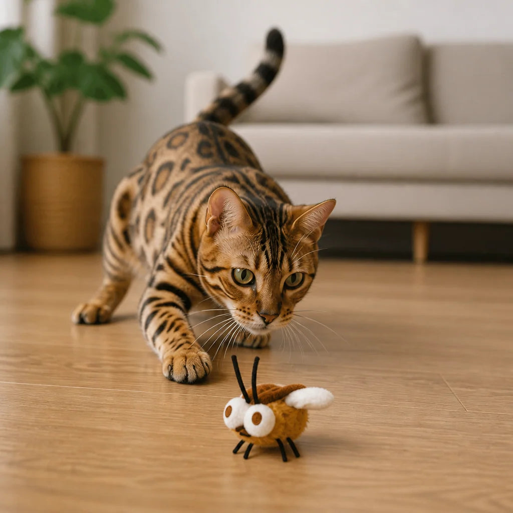 Motion-activated cat toy featuring a realistic flying insect design, made with soft pet-friendly fabric for interactive play. 6