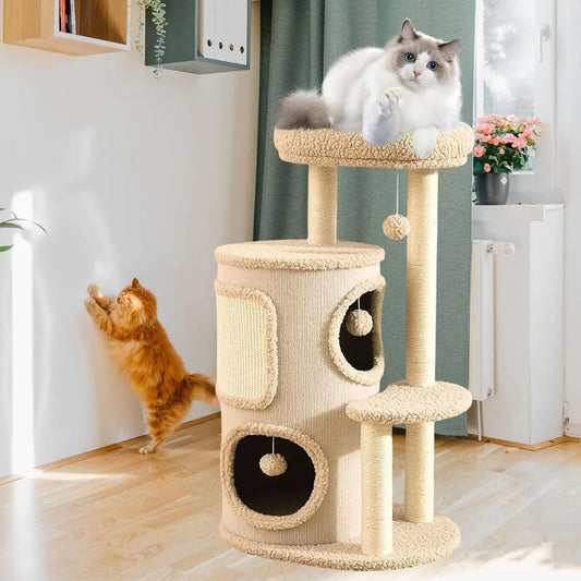 Multi-Level Cat Tree Condo with Cozy Hideouts and Interactive Toy Balls – Modern Cat Furniture for Climbing and Relaxation 0
